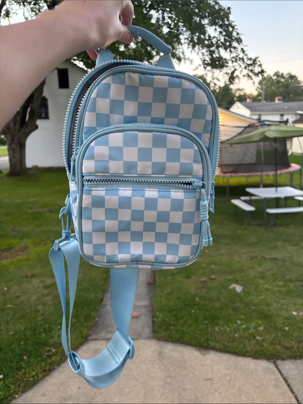 Light Blue Checkered Mini Backpack Crossbody Bag